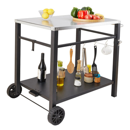 Black Iron BBQ Grill Cart with Stainless Steel Table - 35" Kitchen Island
