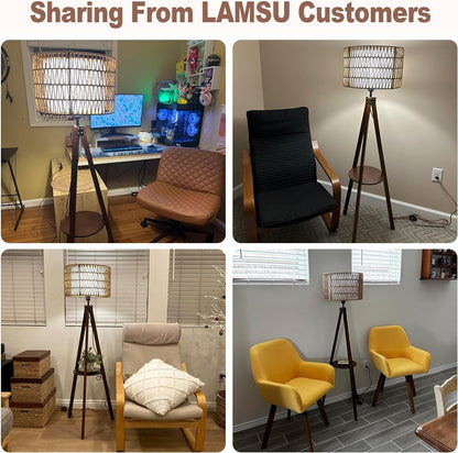 Brown Wood Rattan Floor Lamp with Shelves and Foot Switch for Living Room