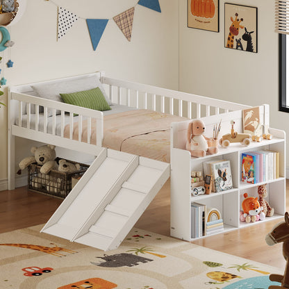 Twin Bed Frame with Storage Shelf - White Wooden Platform Bed