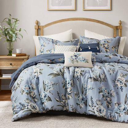 King Blue Floral Comforter Set - 7 Piece Bedding