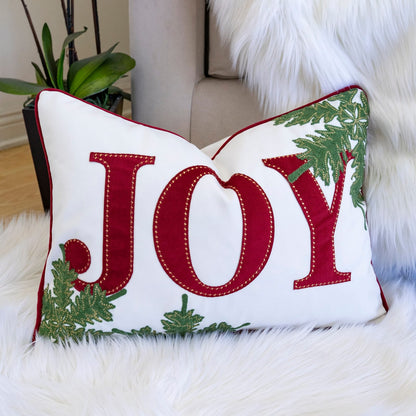 JOY Embroidered Christmas Throw Pillow 14x20" Velvet Lumbar Cushion in Red and