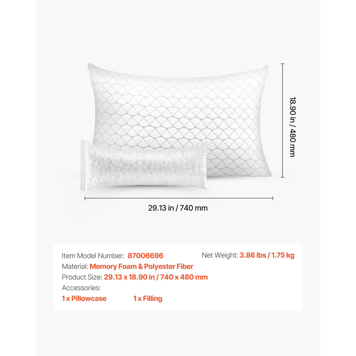 Queen Size Memory Foam Bed Pillow - White