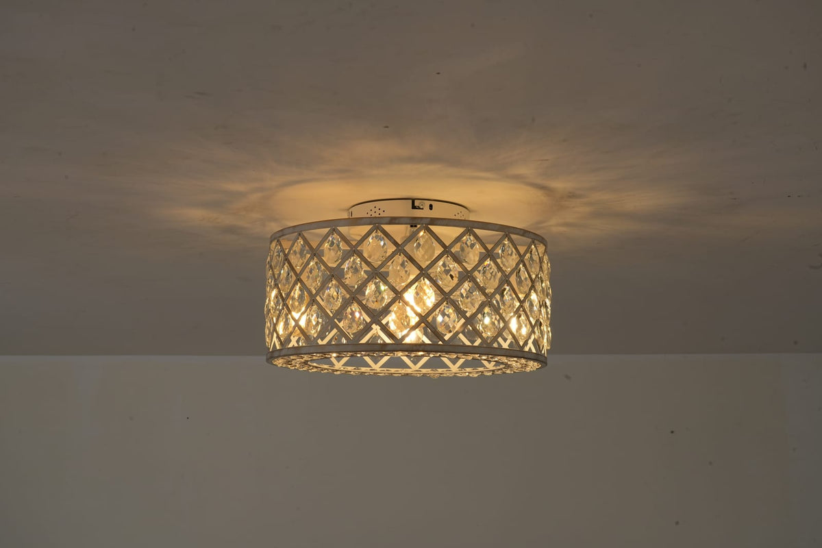 Flush Mount Ceiling Fan with Light - Gold & White Crystal, 6 Speed Remote Control