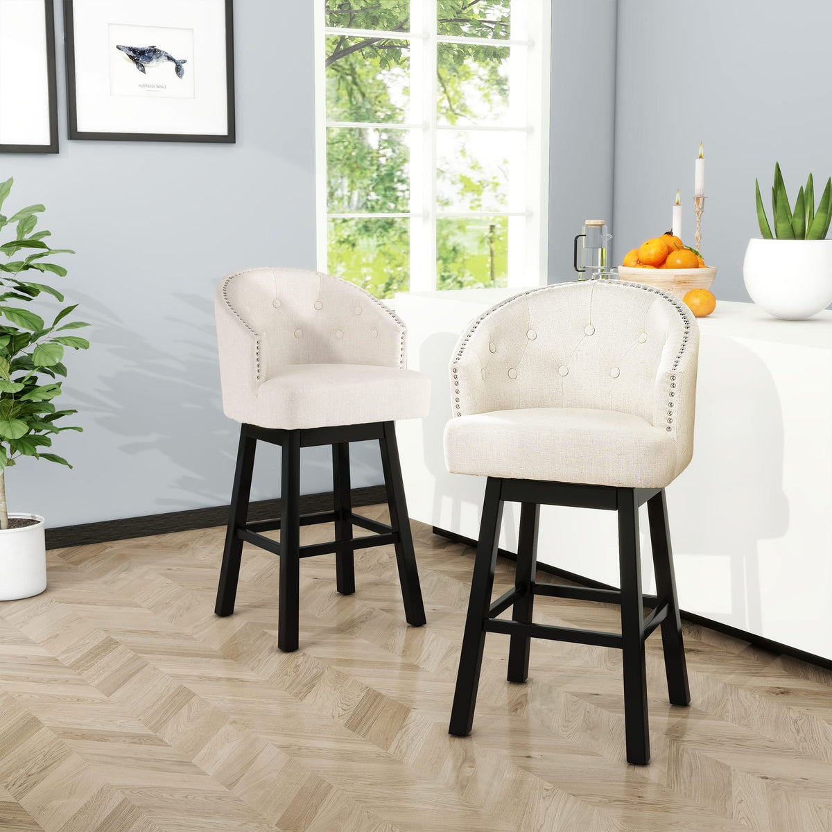 360 Degree Swivel Barstool Set Beige - Durable Rubber Wood Frame