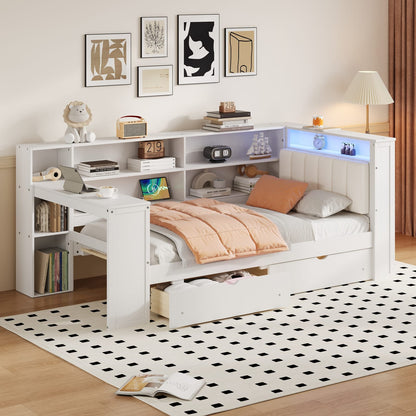 Twin Size Beige+White Wood Platform Bed with Storage