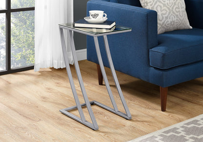 Silver Accent Table - C-Shaped Metal & Glass Snack Table