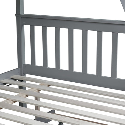 Twin Over Full Bunk Bed with Trundle - Grey Rubber Wood for Bedroom