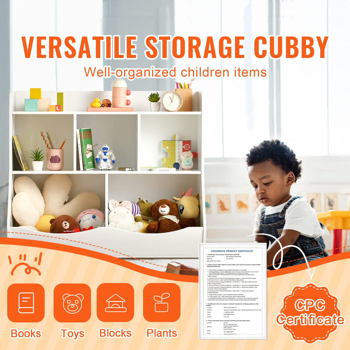 Wood Kid Storage Cubby - 5-Cubby Toy Organizer, White MDF