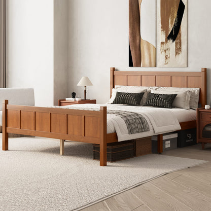 Twin Size Walnut Wood Platform Bed - Farmhouse Style Headboard