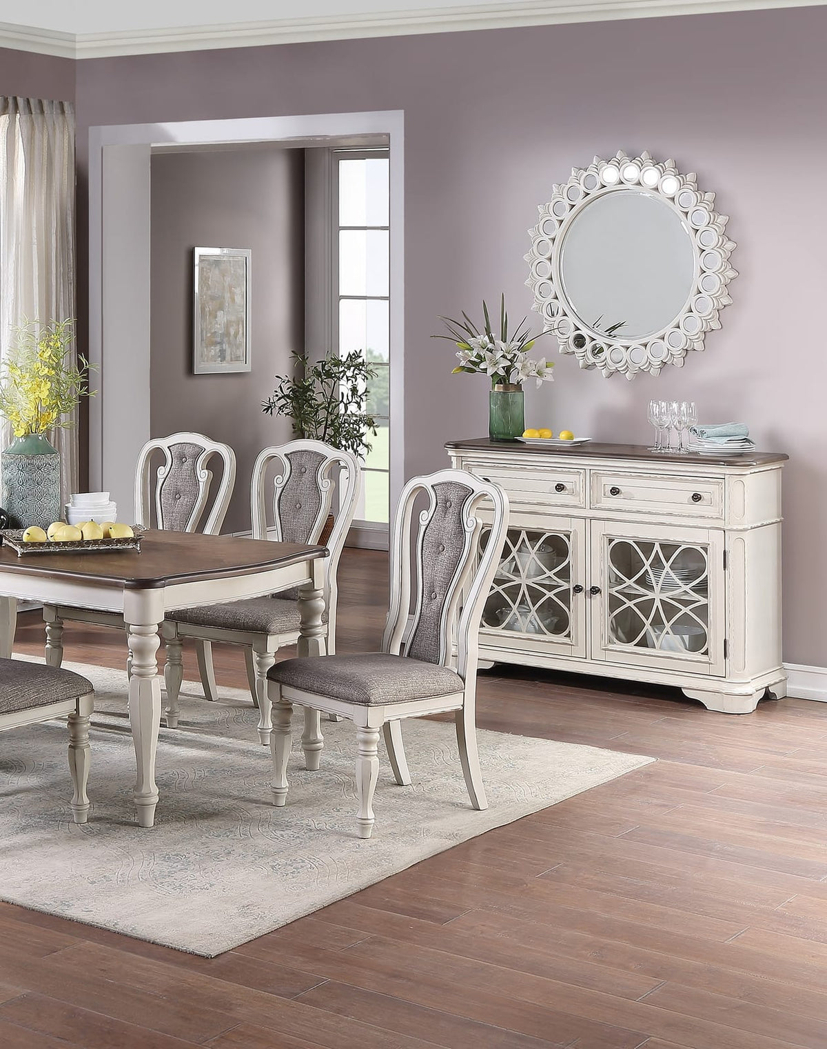 Transitional 9pc Dining Set - Dining Table w Oak Top & 6 Side Chairs, Antique White