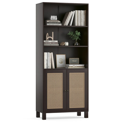 Tall Bookcase with Rattan Doors - 5 Tier Storage, Walnut