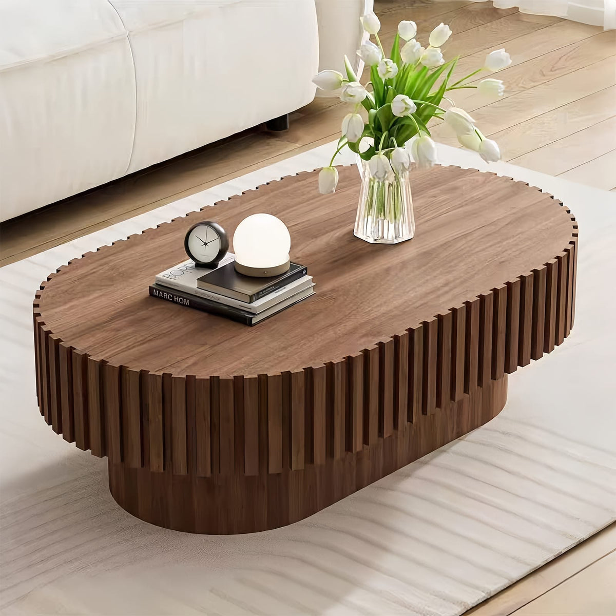 Brown Oval Coffee Table with Fluted Design for Living Room Storage