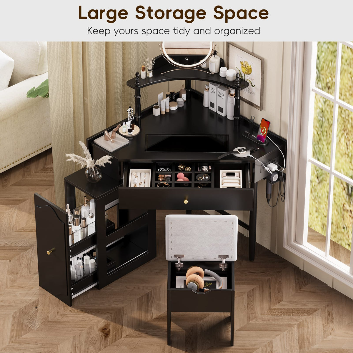 Black Corner Vanity Desk Set - Storage & Charging Station