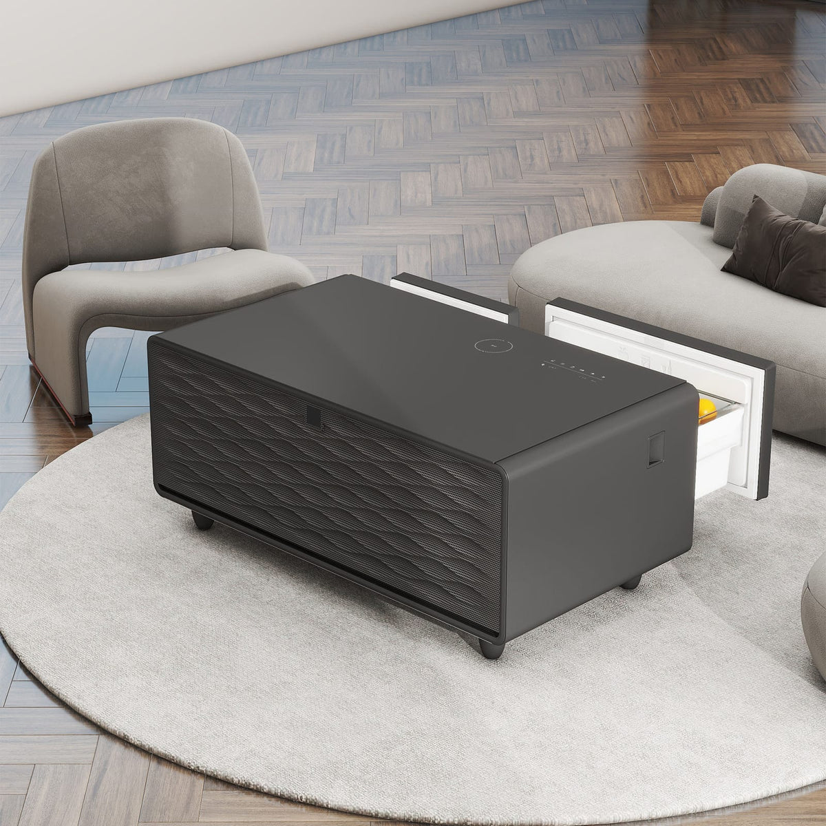 Modern Smart Coffee Table with Built-in Fridge & USB Ports, Black for Living Room