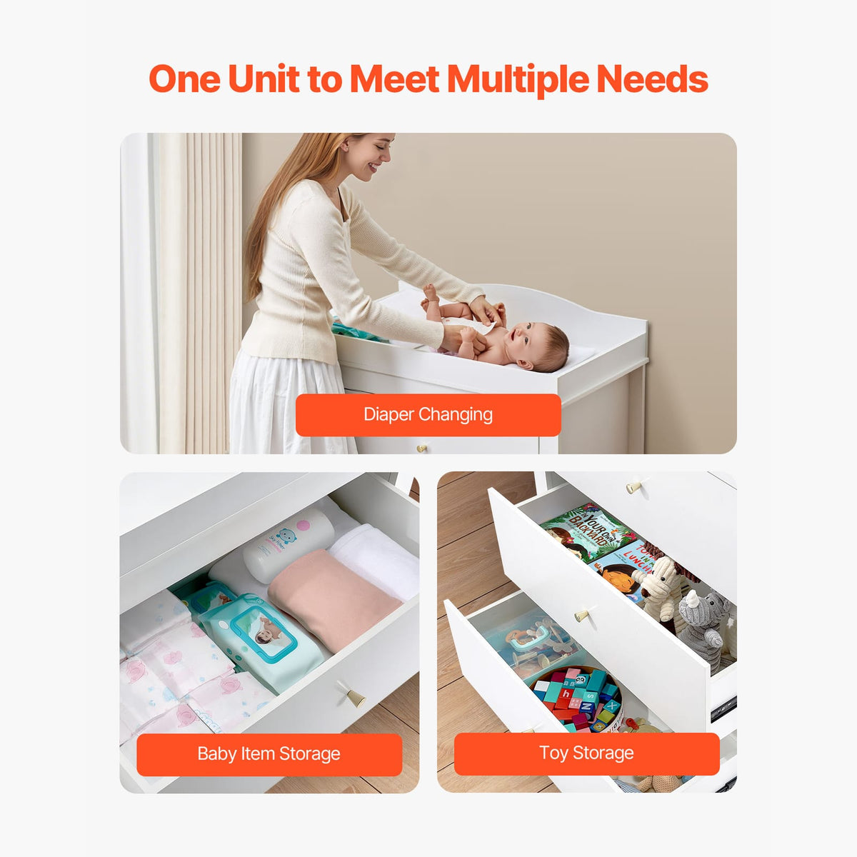 White MDF Baby Changing Table with 3 Drawers for Safe Storage