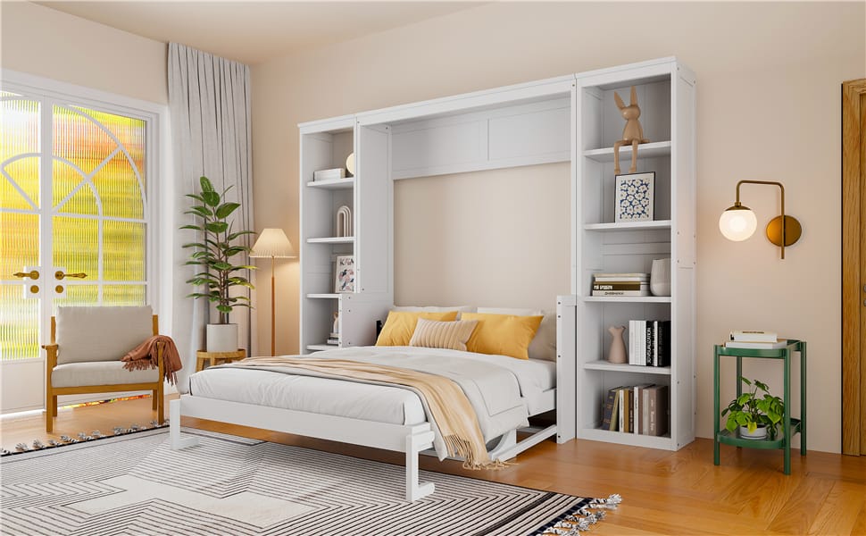 Queen Size Murphy Bed with Desk & Bookshelf - White for Bedroom