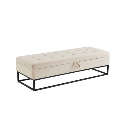 Beige Velvet Storage Bench with Metal Base for Bedroom or Guest Room