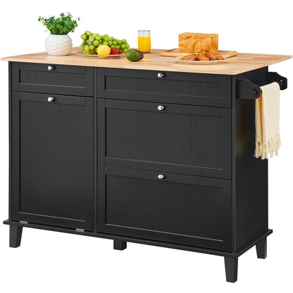 Black Kitchen Island Cart with Storage & Trash Cabinet