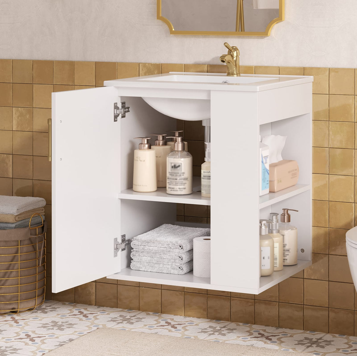 White Solid Wood Wall Mounted Bathroom Vanity with Storage Cabinet