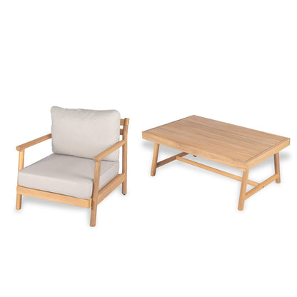 Teak Beige Acacia Wood Patio Club Chair + Coffee Table Set