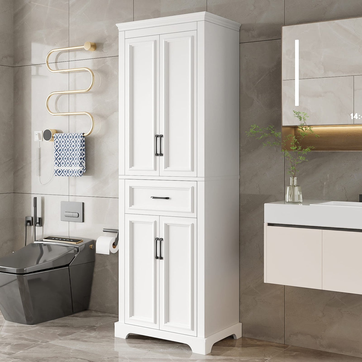 White Bathroom Vanity with 4 Doors & Drawer - Freestanding Storage Cabinet