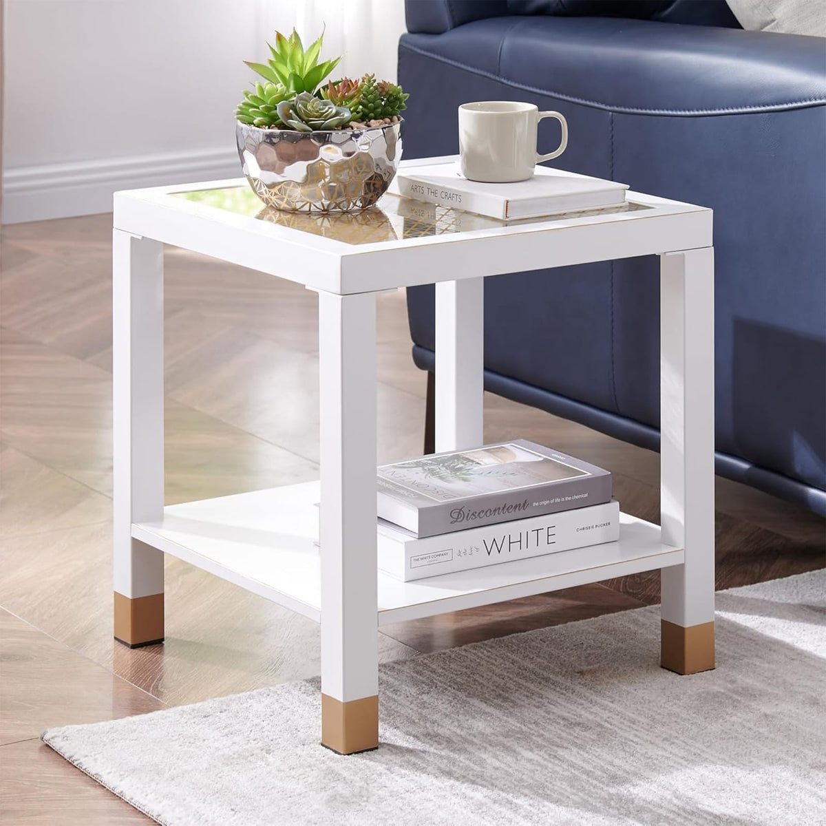 White+Gold Glass End Table - Modern Square Side Table for Living Room