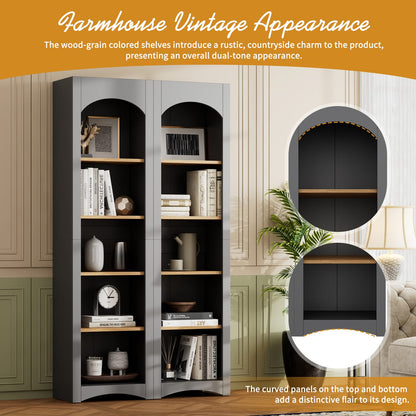 Grey Farmhouse Bookshelf Set of 2 with Adjustable Shelves for Living Room