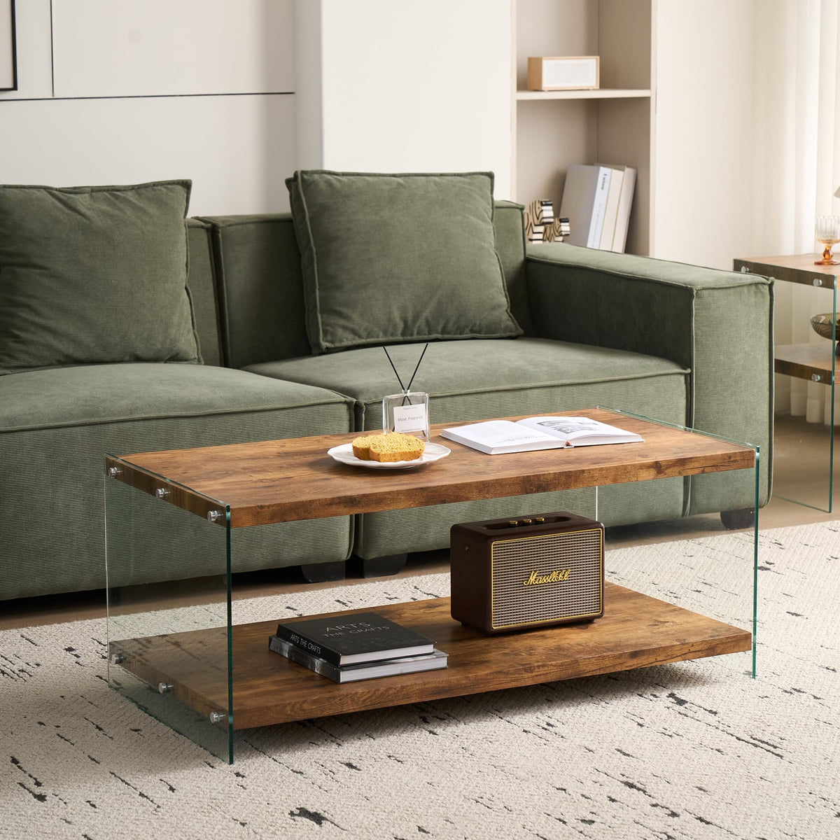 Walnut Glass Coffee Table - Small Sofa Table, Multi-Purpose Design