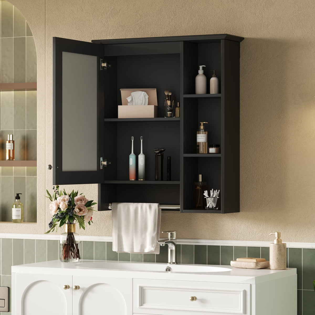 Black Bathroom Storage Cabinet - Wall Mounted Mirror Cabinet
