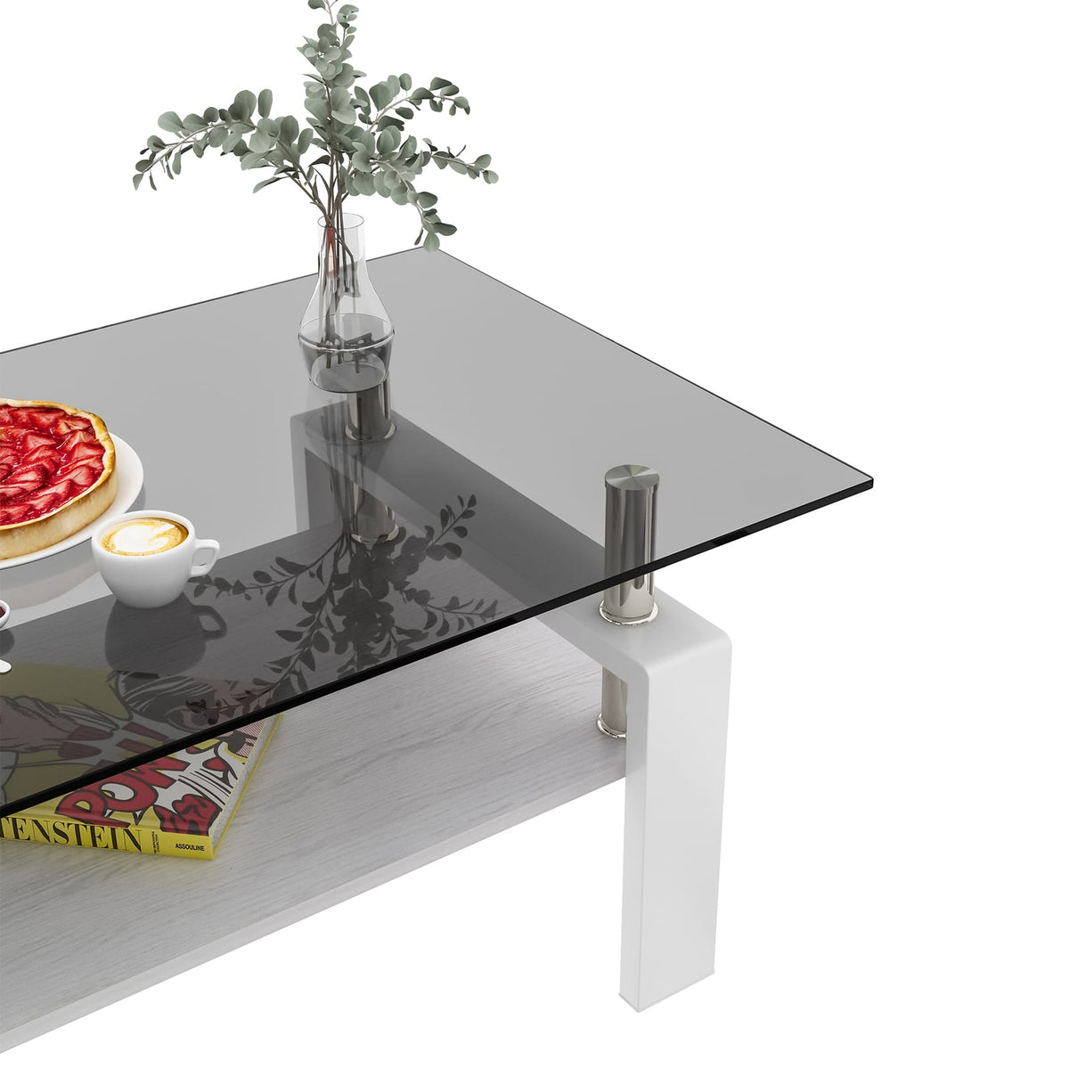 Rectangle Coffee Table - Gray Tempered Glass, Modern Storage Table