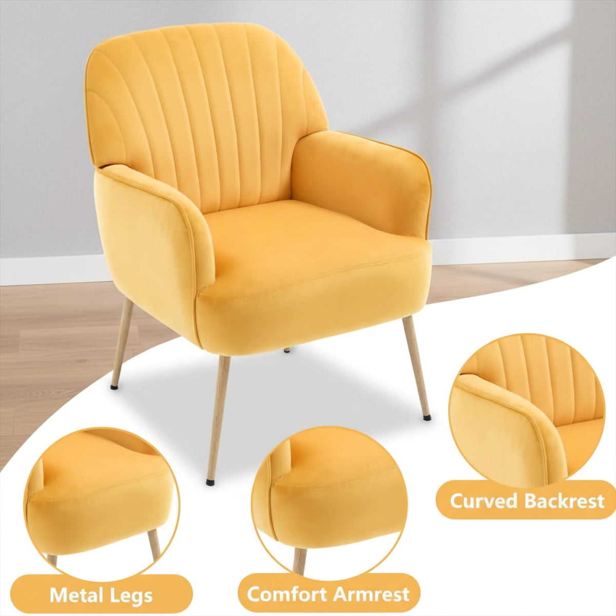 Yellow Velvet Accent Chair - Modern Bedroom Sofa