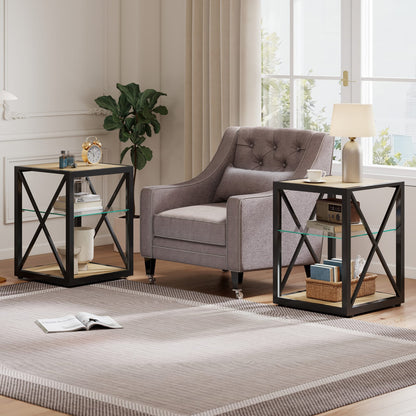 Set of 2 Modern End Tables - Glass & Wood Nightstand