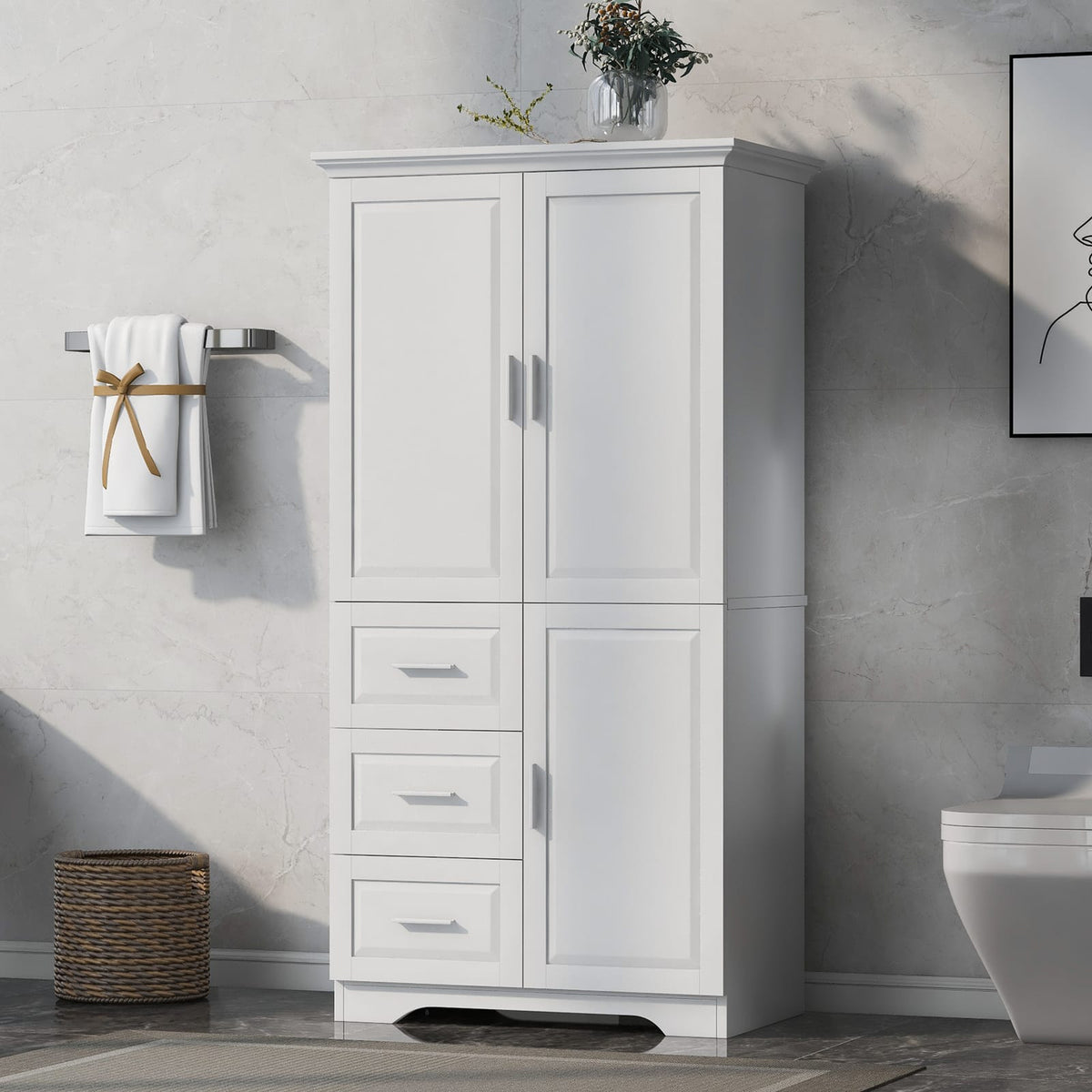 Tall White MDF Bathroom Storage Cabinet with 3 Drawers - Max Space