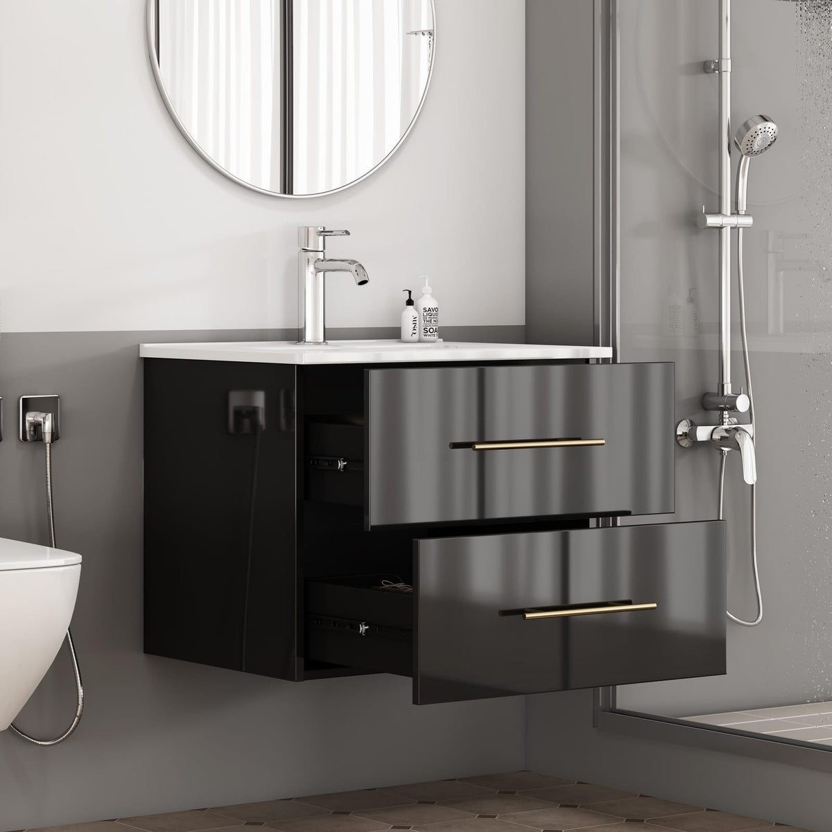 24-Inch Wall Mounted Bathroom Vanity with Sink Combo - Black MDF