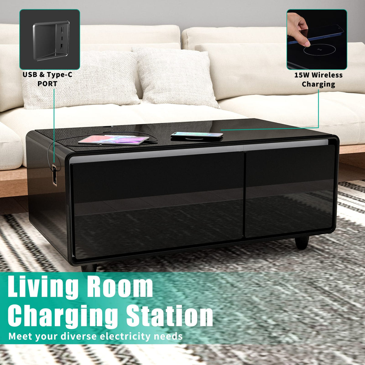 Modern Smart Coffee Table with Built-in Fridge & USB Ports, Black for Living Room