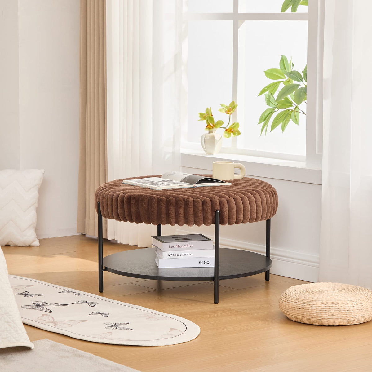 Living Room Upholstered Round Ottoman - Brown Faux Fur Footstool with Storage Shelf