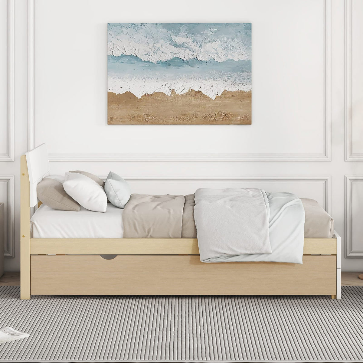 Modern Twin Bed Frame with Light Oak Trundle - White High Gloss