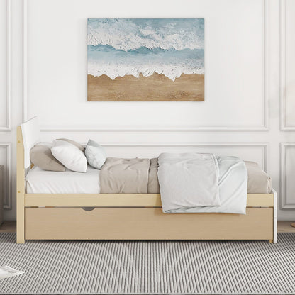 Modern Twin Bed Frame with Light Oak Trundle - White High Gloss