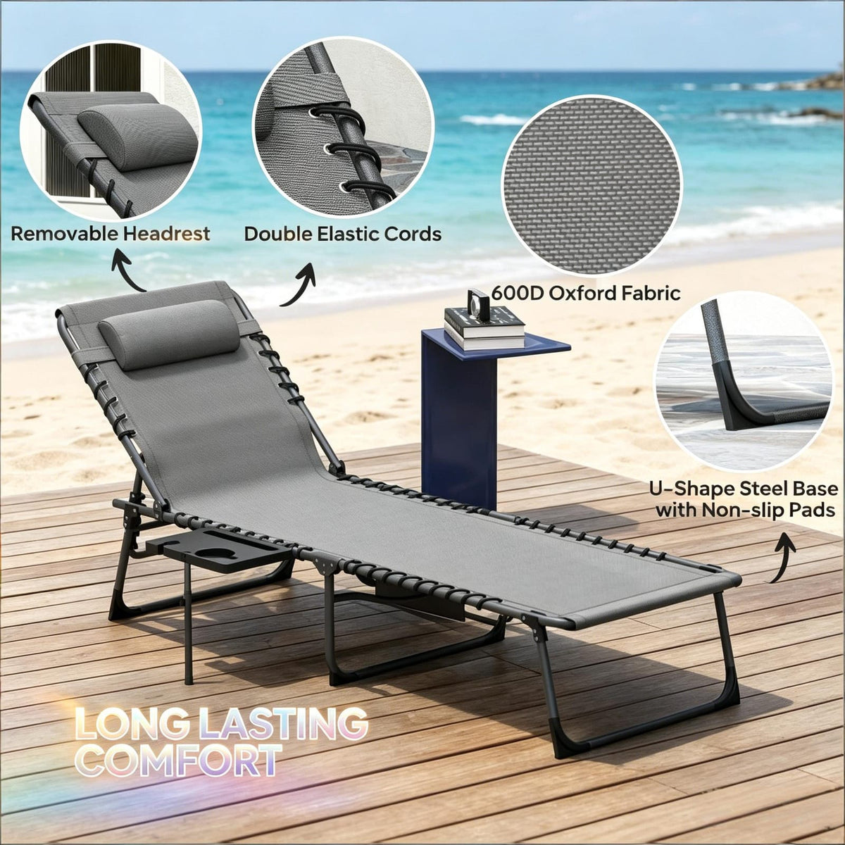 Folding Tanning Chair - Gray Outdoor Chaise Lounge