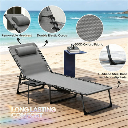 Folding Tanning Chair - Gray Outdoor Chaise Lounge
