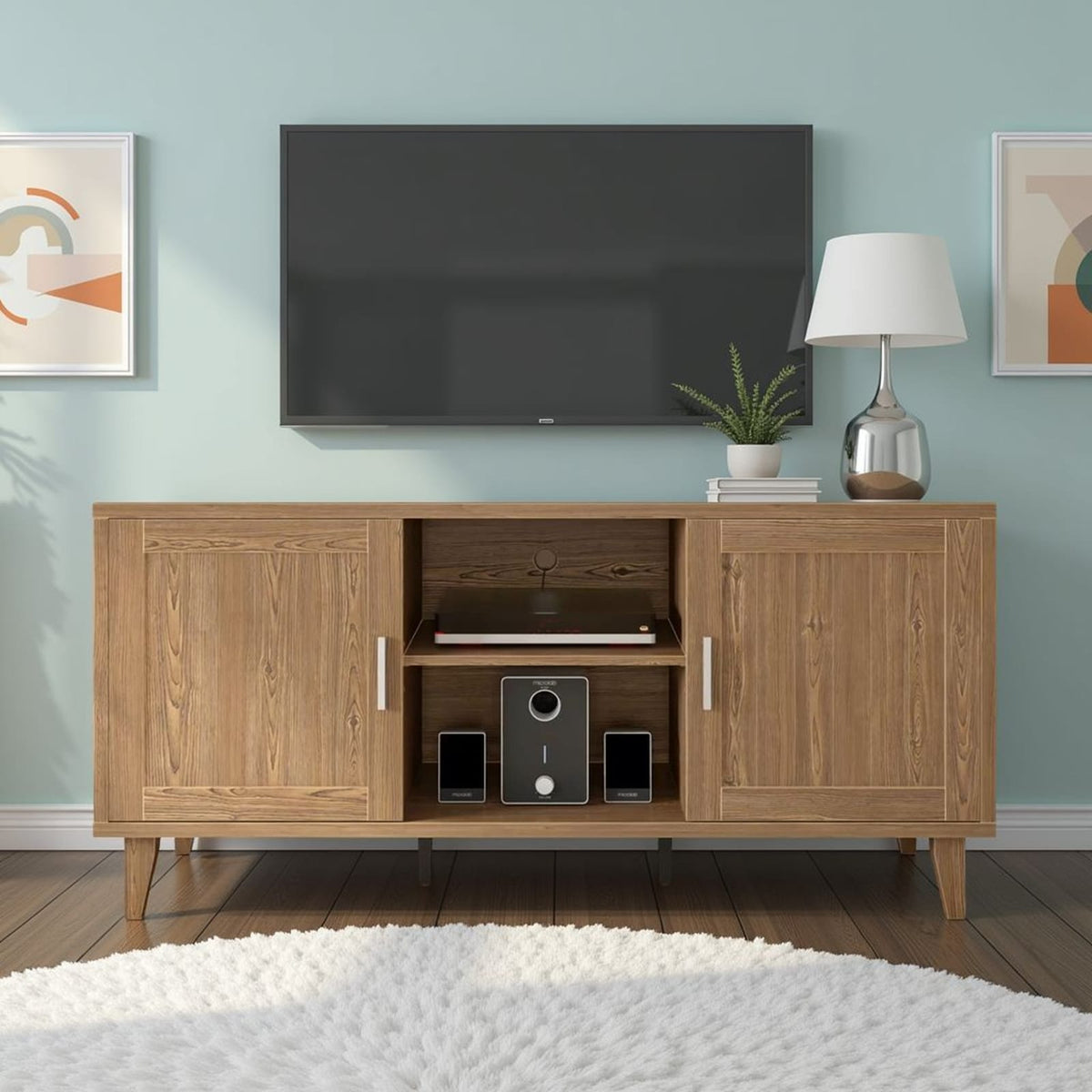 60 Inch Brown MDF TV Stand with Walnut Finish for Media Room for Living Room