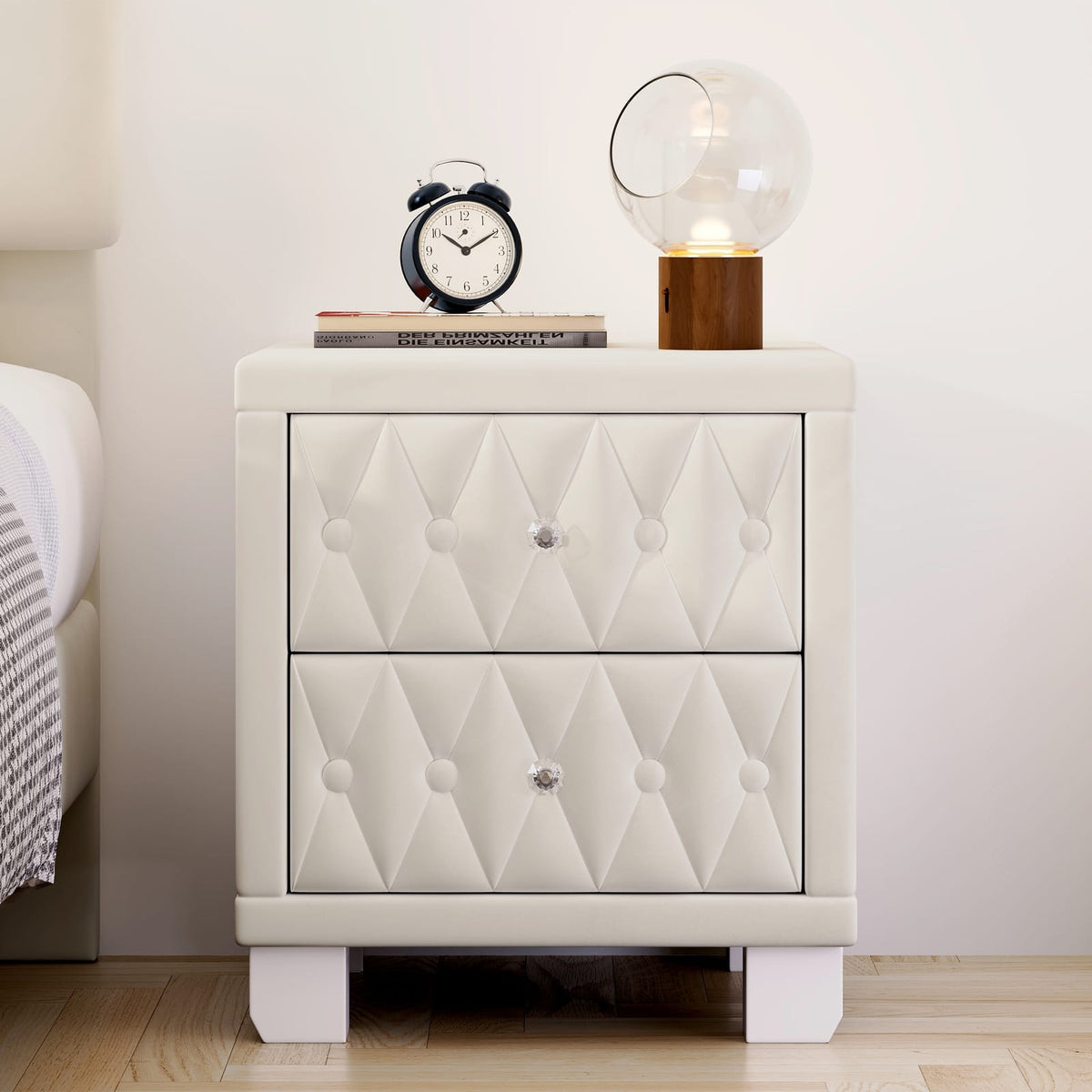 Elegant Beige Velvet Nightstand with 2 Drawers - Storage Bedside Table