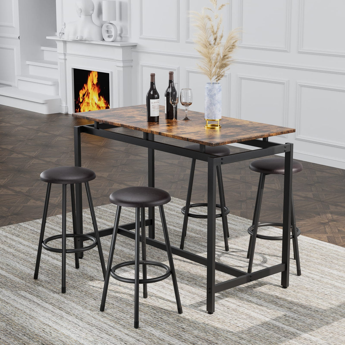 Brown MDF 5-Piece Kitchen Dining Table Set with Stools