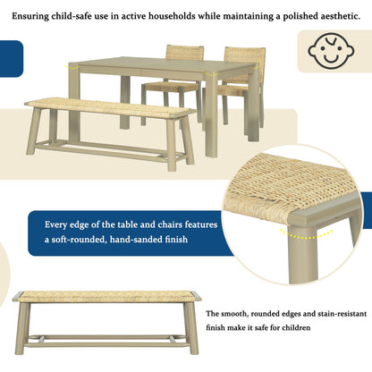 Gold Rattan Wood Bench - 59 Inch Farmhouse Style for Bedroom