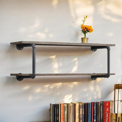 Oak Metal Wall Shelf Unit - 2 Tier Display Storage for Living Room