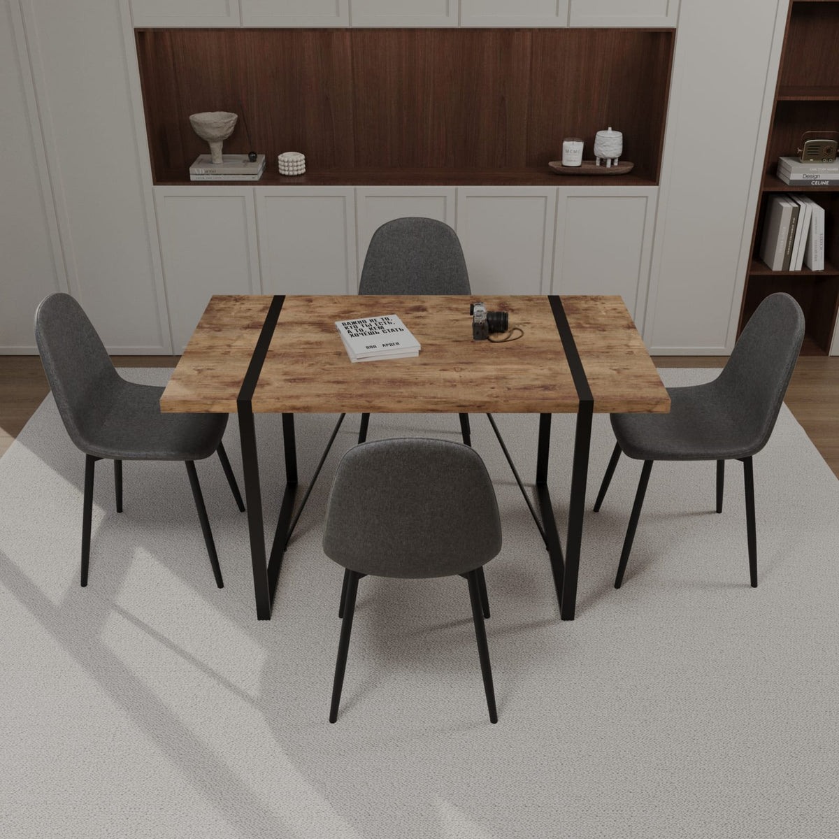 Modern Industrial Dining Table and Chair Set in Grey Brown MDF