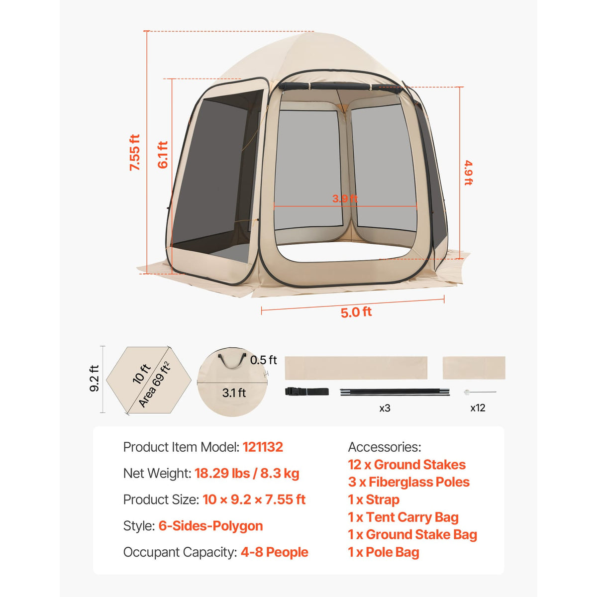 Screen House Tent 10x9.2 Beige - Pop Up Canopy for Backyard