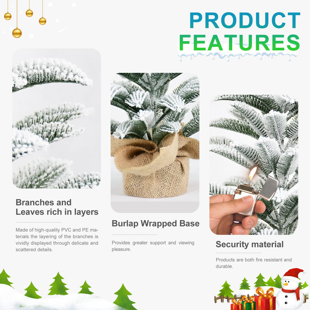 50cm Flocked Tabletop Christmas Tree - White+Green PE Mini Tree with Burlap Base