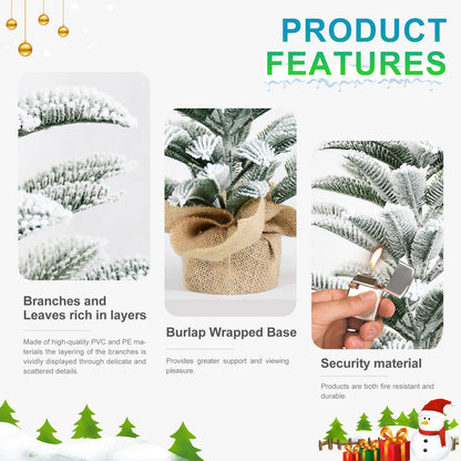 50cm Flocked Tabletop Christmas Tree - White+Green PE Mini Tree with Burlap Base
