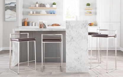 Stackable Barstools Set of 2 in Brown Faux Leather for Kitchen Dining